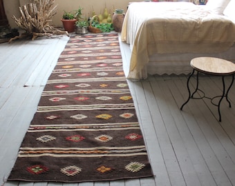 3'0"x11'8" Brown Vintage Kilim Runner Rug,Bohemian Turkish Wool Handmade Kilim Kelim Runner