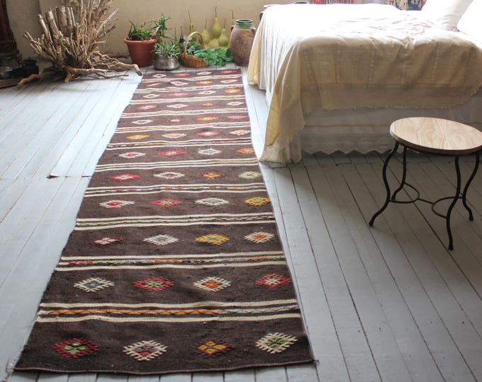 3'0"x11'8" Brown Vintage Kilim Runner Rug,Bohemian Turkish Wool Handmade Kilim Kelim Runner