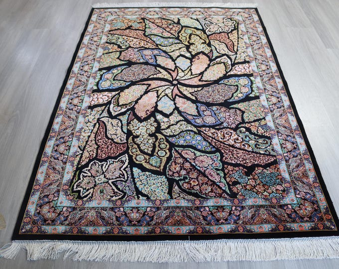 Silk Rug, 4'x6' handwoven silk rug, Traditional silk area rug / B-1912