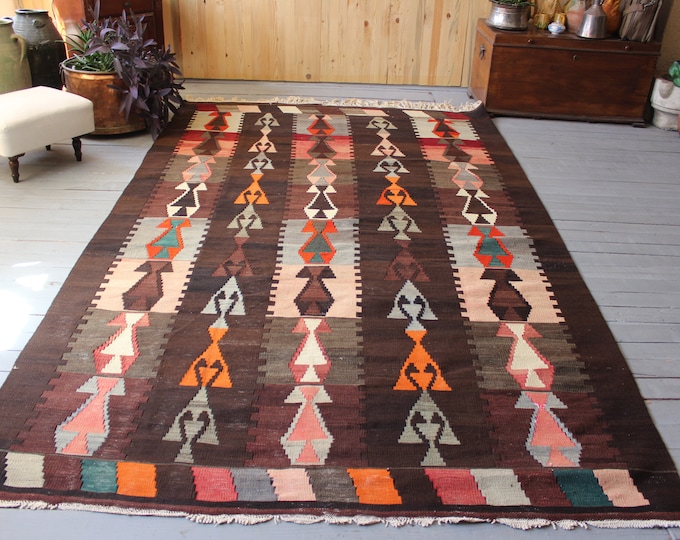 5'7"x9'9" ft Vintage Brown Turkish Kilim Rug, Modern Design Anatolian Kilim, Ethnic Bohemian Handwoven Neutral Wool Kilim