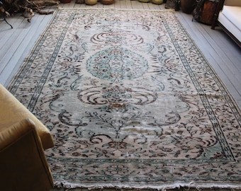6'4"x 10'1" ft Vintage Large Oushak Rug, Muted Colour Low Piled Turkish Area RUG, Aqua,Beige,Brown FREE SHIPPING