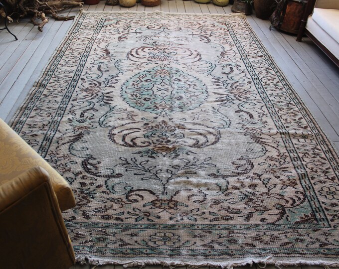 6'4"x 10'1" ft Vintage Large Oushak Rug, Muted Colour Low Piled Turkish Area RUG, Aqua,Beige,Brown FREE SHIPPING