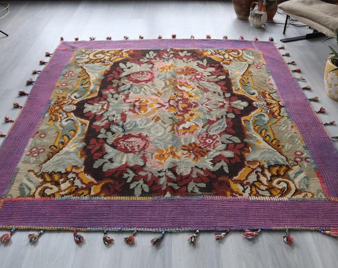 Vintage Karabagh Kilim , 6'1"x6'7"  Bohemian Floral Patchwork Rug / K-52