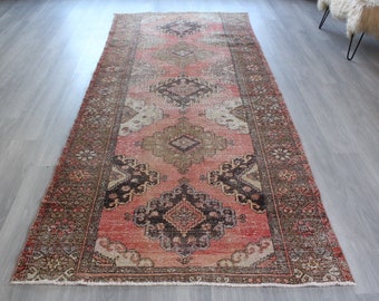 4'7"x11'5"  Vintage Wide Runner Rug , Vintage Anatolian Rug Runner, Red Medallion Rug Runner / B-1676