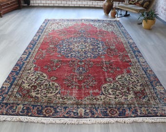 Red Medallion Rug , 6'5"x10'2" ft  , Vintage Handwoven Low Piled Area Rug / B-766