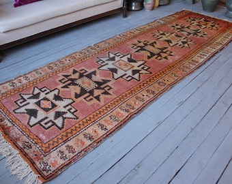 3'3"x10'2" RUNNER, Vintage Turkish Handwoven Wool Runner Rug, Ethnic Bohemian Wool Hallway Carpet