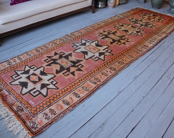 3'3"x10'2" RUNNER, Vintage Turkish Handwoven Wool Runner Rug, Ethnic Bohemian Wool Hallway Carpet