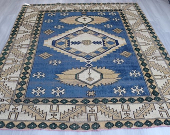 Blue-Ivory Handwoven Rug , Vintage Oushak Rug 6'x6'7'' / B-1333