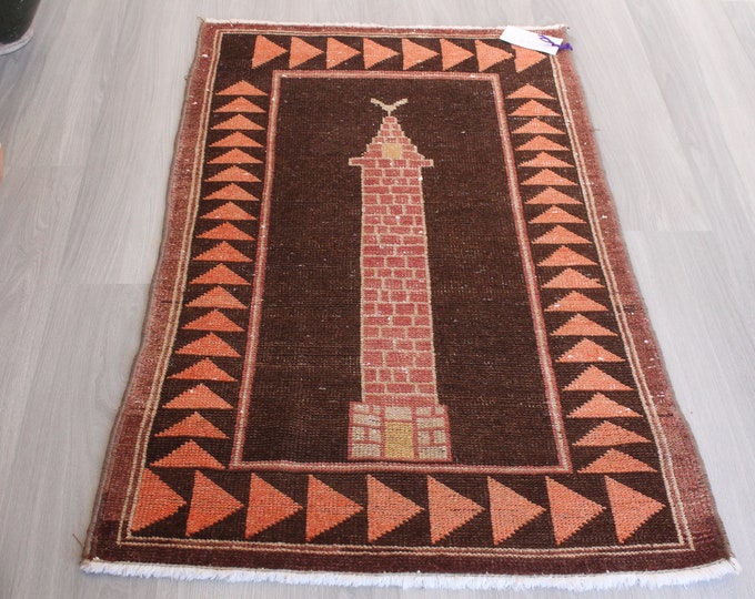 Ethnic Door Mat, Lighthouse design small rug, Boho Door Mat, Handwoven Door Mat / B-1577 / 2'4"x3'7"