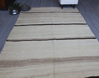 5'1"x7'6" ft  Vintage Natural Wool Kilim Rug, Ethnic Beige Kilim, Vintage Striped Kilim ,Turkish Natural Wool Area Kilim