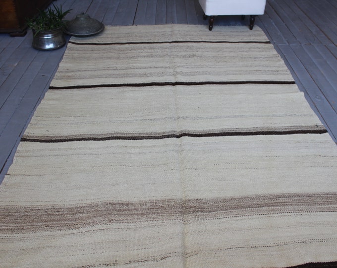 5'1"x7'6" ft  Vintage Natural Wool Kilim Rug, Ethnic Beige Kilim, Vintage Striped Kilim ,Turkish Natural Wool Area Kilim