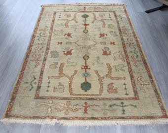 Alfombra vintage Oushak beige terracota de 1,28 m x 1,90 m, alfombra turca Anatolia Oushak, alfombra étnica bohemia / B-513
