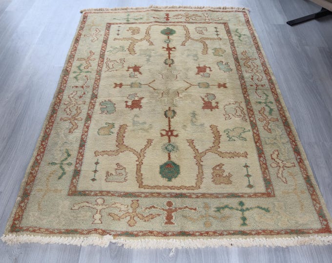 4'2"x6'3" ft  Vintage Beige-Terra Cotta OUSHAK Rug, Turkish Anatolian Oushak Rug, Bohemian Ethnic Rug /  B-513