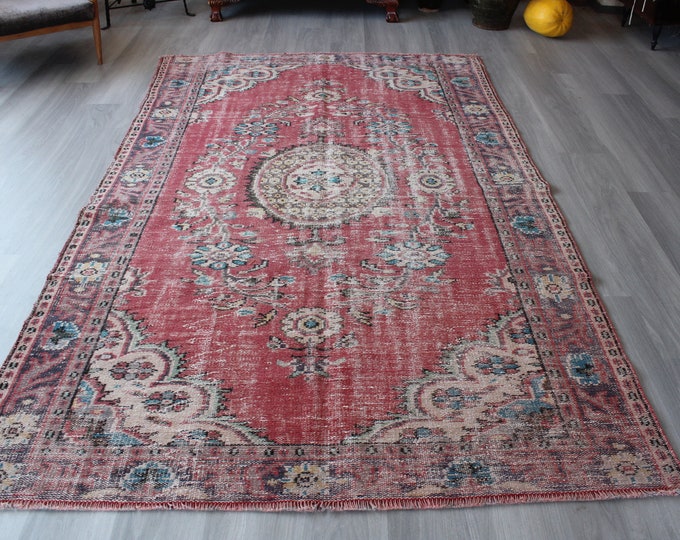 5'5"x9' ft  Vintage Oushak Rug, Vintage Turkish Rug, Red Medallion Rug, Traditional Rug, Vintage Red Rug, Turkish Area Rug, Large Area Rug