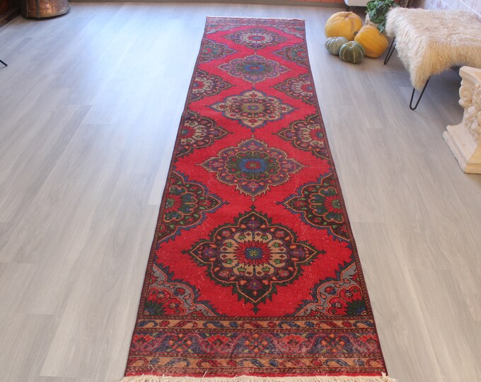 3'x12'8" ft Vintage Red Runner, Ethnic Rug Runner, Bohemian Rug Runner, Vintage Turkish Runner, Hallway Carpet , Medallion Design Runner /