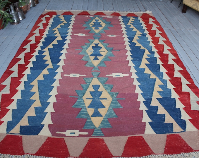 6'2"x8'8" Turkish Handwoven Area Kilim,Bohemian Ethnic Kilim , Wool Turkish Geometric Kilim Rug