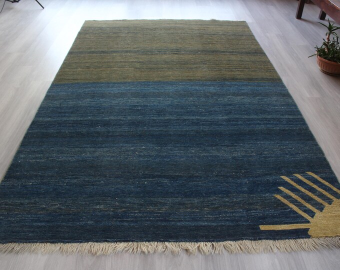 Green-Blue Modern Rug , Bohemian Green-Blue Rug , Scandinavian Style Handwoven  Rug / B-1871 / 5'5''x8'7''