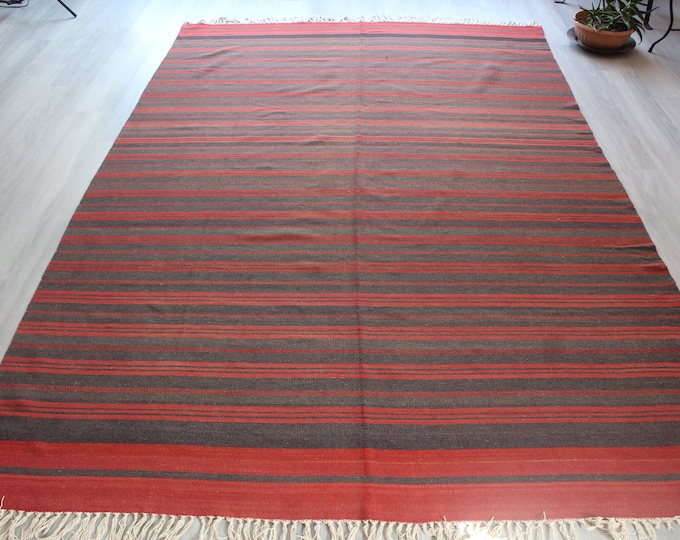 Large Striped Rug , Red Striped Kilim Rug, Ethnic Handwoven Kilim Rug , Bohemian Red Kilim Rug / B-1747 / 6'3"x9'3"