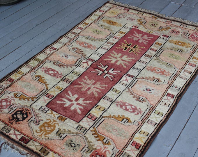Vintage Turkish Handwoven Wool Small Rug,Milas Beige Small Bedroom Carpet