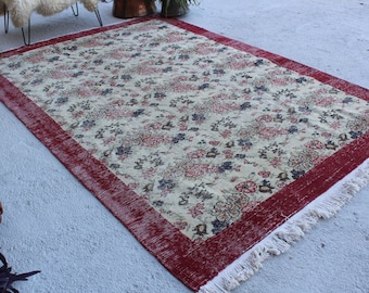 6'7x10 Vintage Oushak Rug, Large Floral Rug, Floral Oushak Rug, Vintage Oushak Rug, Bohemian Rug, Ethnic Anatolian Rug,Turkish Area Rug