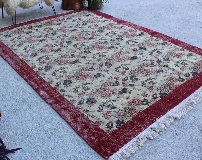 6'7x10 Vintage Oushak Rug, Large Floral Rug, Floral Oushak Rug, Vintage Oushak Rug, Bohemian Rug, Ethnic Anatolian Rug,Turkish Area Rug