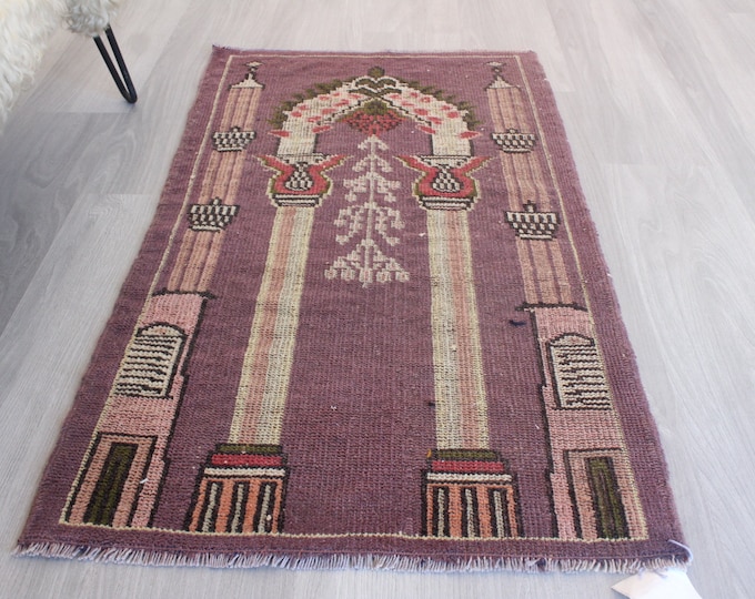 Small Purple Rug, Chandelier Rug , Small Oriental Rug , Vintage Small Rug , Small Prayer Rug / B-1697 / 2'x3'8''