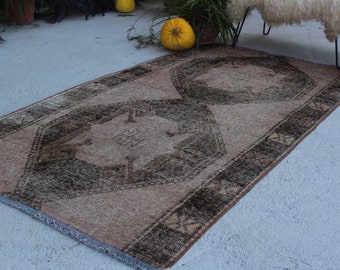 4'2"x7'7" ft  Vintage OUSHAK Rug, Turkish Rug ,Low Piled Anatolian Rug, Pink-Brown Turkish Rug, Pink Oushak Rug