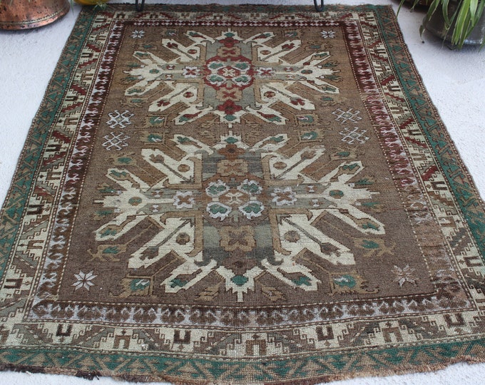 4'6"x6'4" ft  Vintage KARS Adler Rug, Special Turkish Rug, Brown-Beige Anatolian  Rug, Vintage Brown Rug, Turkish Area Rug