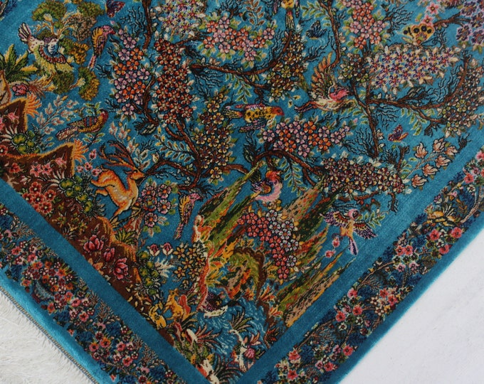 Blue Silk Rug, Nature Design Silk Rug , Silk Rug Tapestry / B-1794 / 2'x3'