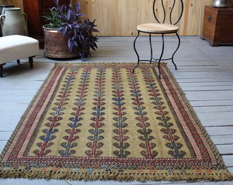 3'9"x5'5" ft Vintage Konya Karapinar Embroidered Kilim Rug, Ethnic Bohemian Kilim Wall Hanging, Vintage Handwoven Wool Kilim