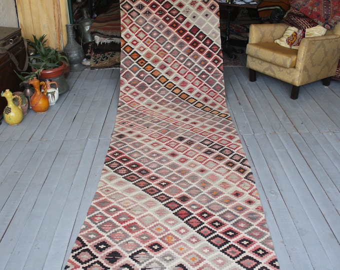 3'2"x14'7" feet Vintage Handwoven Long Wool Kilim Rug Runner,Bohemian Ethnic Kilim Runner