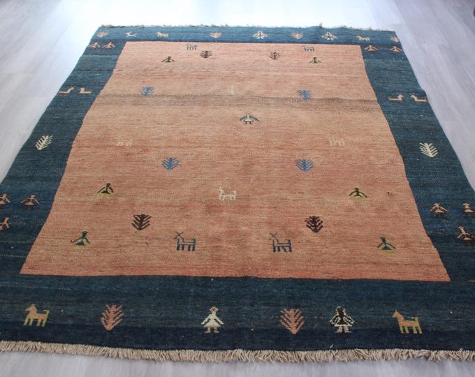 Pink-Blue Modern Rug, Large Bohemian Rug, Animal Design Handwoven Rug / B-1869 / 6'3''x7'8''