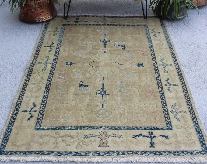 3'9"x5'7" ft Vintage Oushak Rug, Blue-Beige Rug,  Vintage Turkish Rug, Anatolian Rug, Blue-White Area Rug, Nursery Rug, Entry Rug