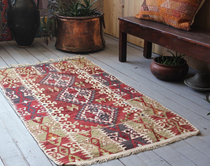 Vintage Small Kilim, Bohemian Ethnic Handwoven Wool Kilim