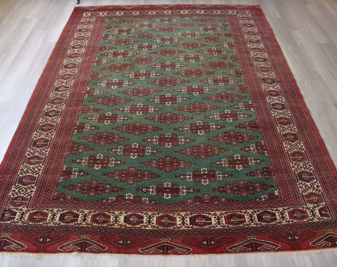 Large Vintage Rug, 7'3"x10', Vintage BUKHARA Rug, Ethnic Wool Rug, Tribal Bukhara Rug, Green-Red Bukhara Rug / C-4534