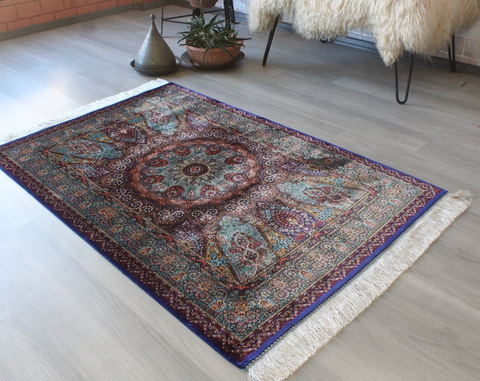 Silk Rug, 3'x5' Bamboo Silk Rug, Medallion Design Silk Rug, Blue - Purple Silk Rug, Oriental  Silk Rug ,Small Silk Rug / B-1767