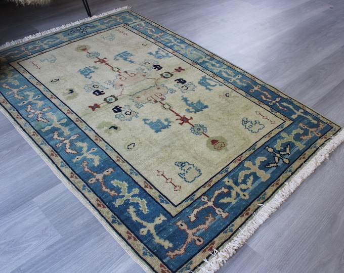 3'9"x5'7" ft , Vintage rug, beige-blue rug, small vintage rug, handwoven wool rug, anatolian rug , vintage oushak rug / B-1310