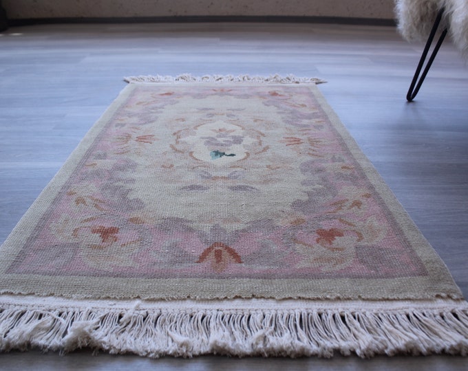 Small Oushak Rug, Small Turkish Rug, Small Floral Rug, Small Bathroom Rug, Wool Doormat, Handwoven Door Mat
