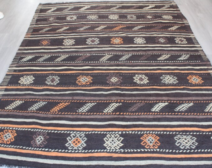 Black Striped Kilim Rug, Large Ethnic Rug , Large Bohemian Kilim Rug / B-1744 / 6'2"x8'4"