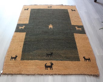 Green- Sandy Beige Rug , Ethnic Gabbeh Rug , Piled Handwoven Modern Rug, Bohemian Area Rug / B-1878 / 3'9''x5'6''