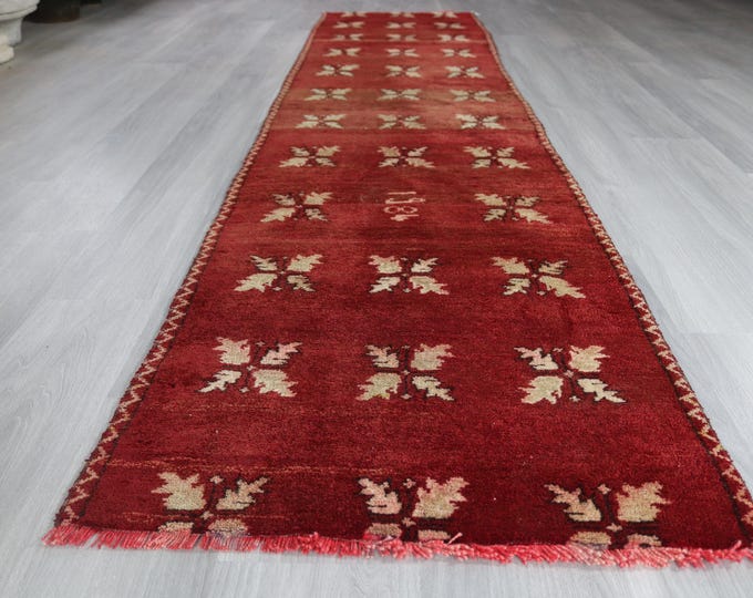 Red Piled Runner 2'5"x11'  ft Vintage Handwoven Anatolian Rug Runner / B-293