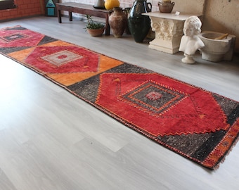 Red-Black Rug  Runner, Handwoven Anatolian, Traditional Rug Runner  / B-1874 / 3'x14'4''
