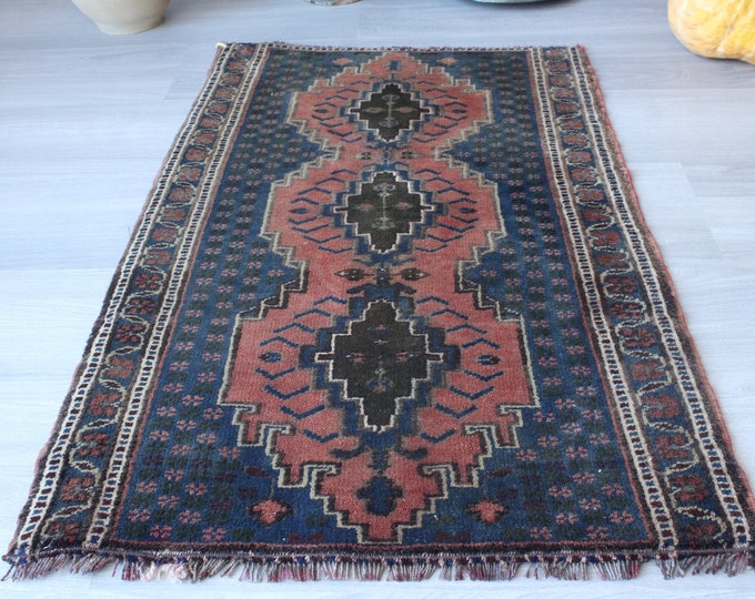 Handwoven Door Mat, Ethnic Small Rug, Vintage Small Anatolian Rug, Marin Blue Wool Door Mat / B-1443 / 1'9"x3'