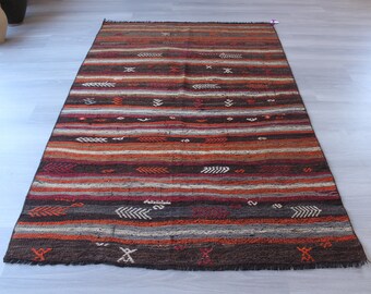Aztec Design Kilim Rug, Aztec Handwoven Rug , Bohemian Rug, Ethnic Flat  Rug, Vintage Kilim Rug / N-1067 / 4'x6'2"