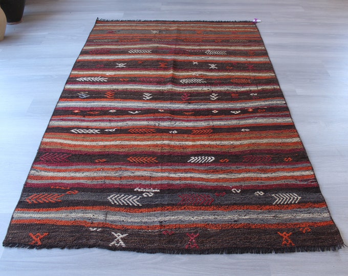 Aztec Design Kilim Rug, Aztec Handwoven Rug , Bohemian Rug, Ethnic Flat  Rug, Vintage Kilim Rug / N-1067 / 4'x6'2"