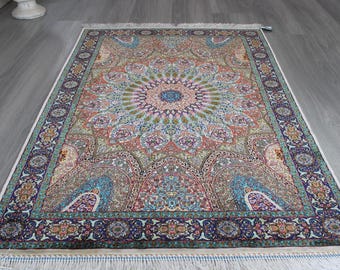 2'6''x4' Blue Silk Rug, Silk Medallion Rug, Oriental Silk Rug / B-2046