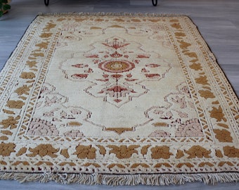 Small Beige Rug, EthnicBeige Rug, Vintage Oushak Rug, 3'4"x3'8" feet , Small Area Rug, Handwoven Beige Rug, Bohemian Rug / B-1221