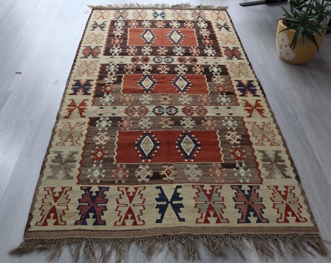 Vintage Sarkoy Runner , Bohemian Handwoven Wool Kili Runner / 3'7''x7' / K-103