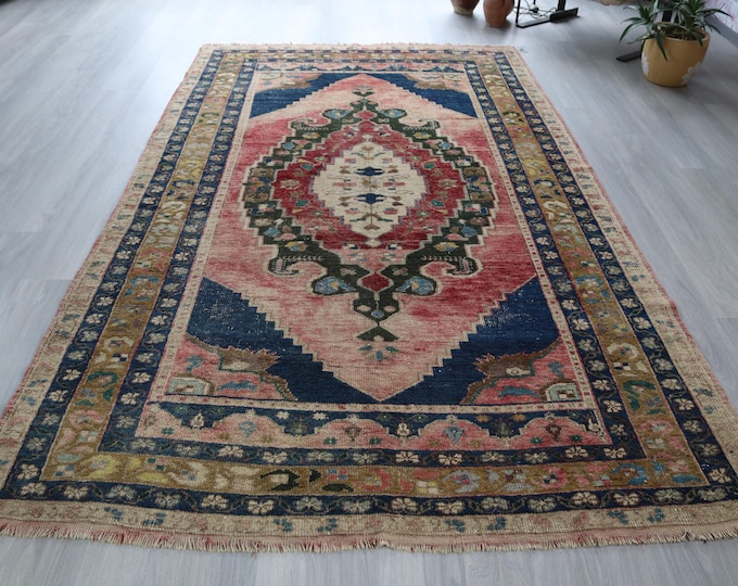 Vintage Red-Blue Rug, 5'4"x9'5" , Anatolian TASPINAR Handwoven  Natural Wool  Medallion  Rug / B-710