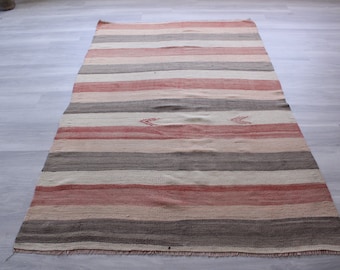 4'7"x7'6" ft  Vintage Striped Kilim,  Coral-Beige-Gray Coloured Kilim, Ethnic Kilim, Bohemian Kilim, Vintage Turkish Kilim
